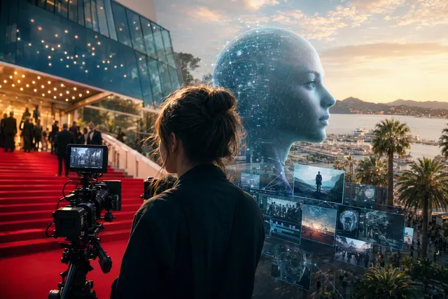 Editorial illustration representing artificial intelligence entering the Cannes film industry
