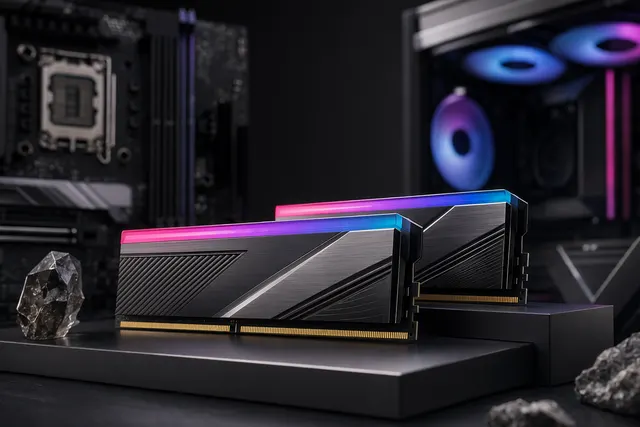 ROG 幻刃 DDR5 RGB 20 周年版内存概念图，展示黑金 RGB 设计的 ROG DDR5 内存条