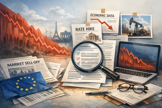 European stock market chart showing a sharp decline, with oil prices and a European Central Bank building in the background