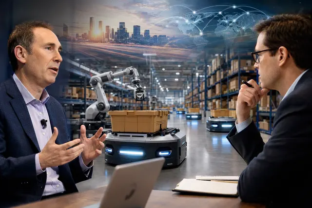 Illustration of warehouse robots working among shelves, representing Amazon’s expanding fulfillment-robot fleet