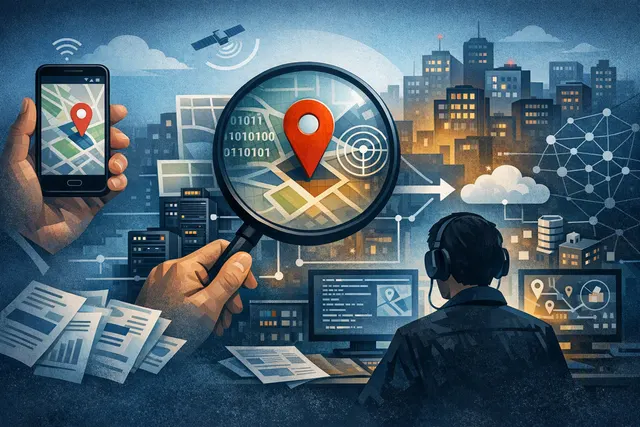 Conceptual illustration of a smartphone leaking GPS location data to advertising servers and data brokers via embedded SDK code