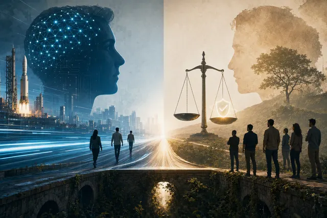 Editorial illustration representing the debate over Anthropic’s AI development strategy and safety commitments
