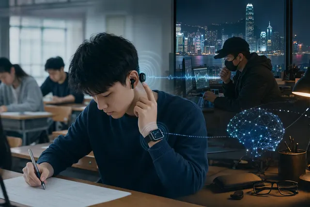 Editorial illustration of wearable AI and exam-security risks