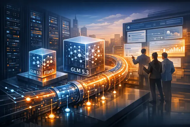 Editorial illustration of Databricks integrating Z.ai GLM 5.3 AI models into an enterprise cloud platform