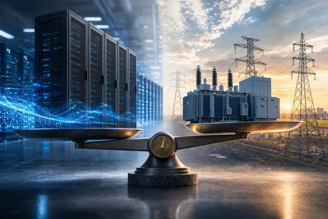 AI-generated editorial illustration of data-center power infrastructure and electrical equipment