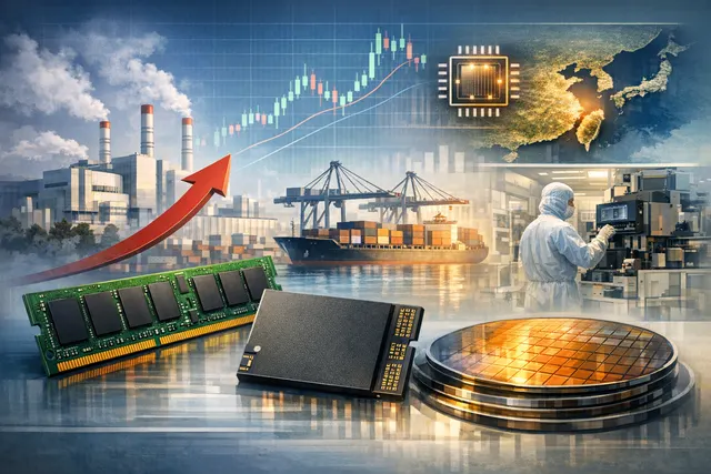 AI-powered memory chip crisis illustration showing data centers and consumer electronics linked by surging DRAM and NAND prices.