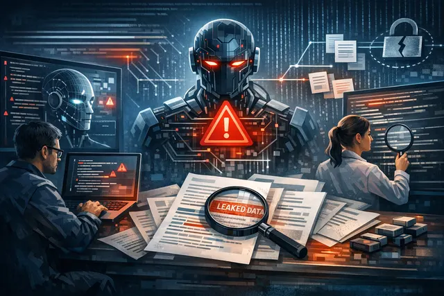 A digital security concept art showing a code repository being uploaded to a cloud server through multiple data channels, with a warning icon and binary code in the background.
