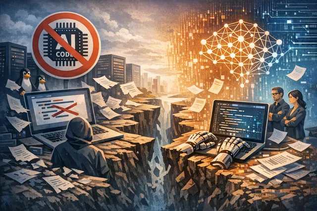 Split open source community landscape divided over AI-generated code policies, showing Flathub and QEMU on opposing sides of a fracture line