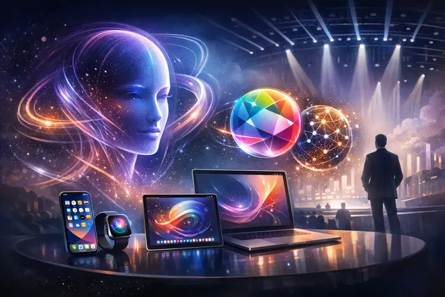Stylized Apple Park stage visual with glowing Siri AI branding and WWDC 2026 event atmosphere