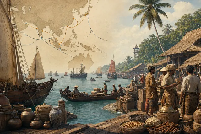 Editorial illustration representing Singapore’s history as a maritime trading hub.