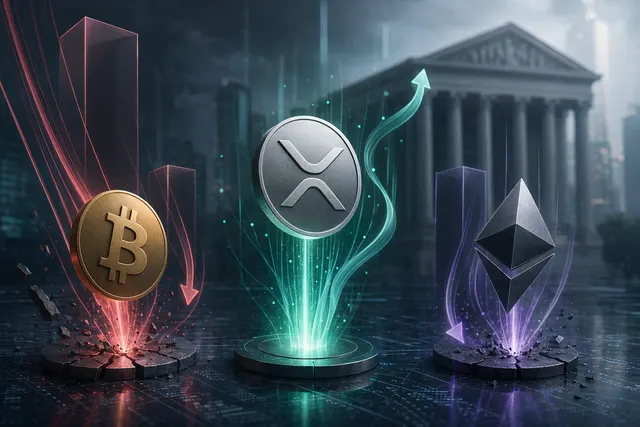 Illustration of XRP cryptocurrency inflows diverging from Bitcoin ETF outflows