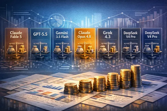 Visual comparison of six AI model pricing tiers, from budget to premium, highlighting Claude, GPT, Gemini, Grok, and DeepSeek logos on a futuristic grid.