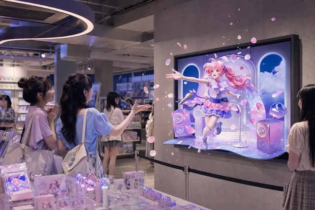AI-generated illustration of a glasses-free 3D character display in a fan-focused retail setting