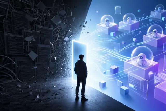 Conceptual illustration of AI agents coordinating software development tasks in an agent‑first platform