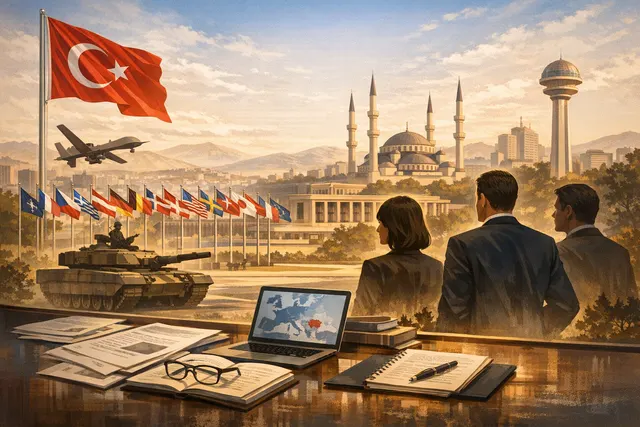 Conceptual illustration of the 2026 NATO summit in Ankara, featuring the NATO flag and the Ankara skyline, symbolizing Turkey's expanded role in the alliance.