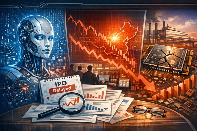 Data center server racks and glowing AI chips representing the massive infrastructure investment behind the 2026 AI boom, shown amid stock market chart lines trending downward