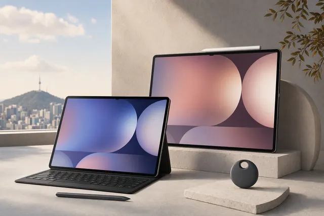 Illustrative image of Samsung Galaxy Tab S12 tablets and a Galaxy SmartTag 3