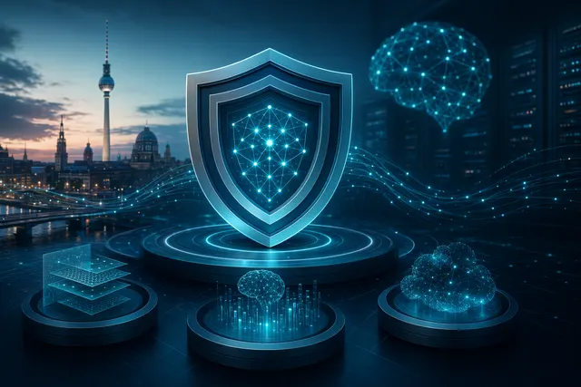 Concept illustration of AI agents and cybersecurity defenses representing ESET’s investment in AI security