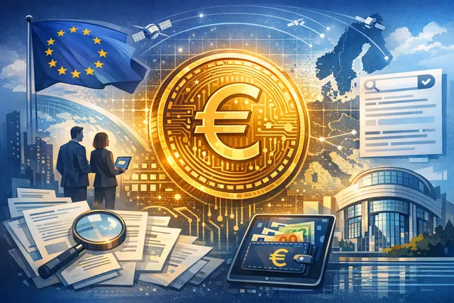 Conceptual illustration of the digital euro project showing a European flag, digital payment symbols, and EU institutional buildings to represent the CBDC legislative process