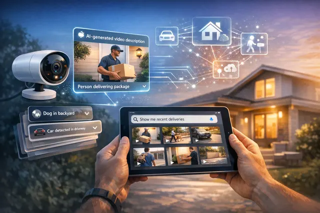 Apple Home app on an iPhone displaying AI-powered video summaries and notifications from HomeKit Secure Video cameras.