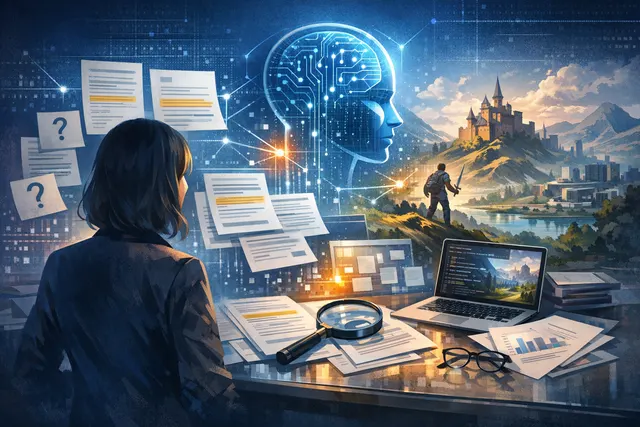 Conceptual image of a video game controller and screens displaying AI-assisted game development tools, representing the debate over generative AI in gaming.