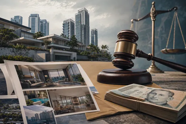 AI-generated editorial illustration accompanying an article about Singapore’s forfeited-property auctions