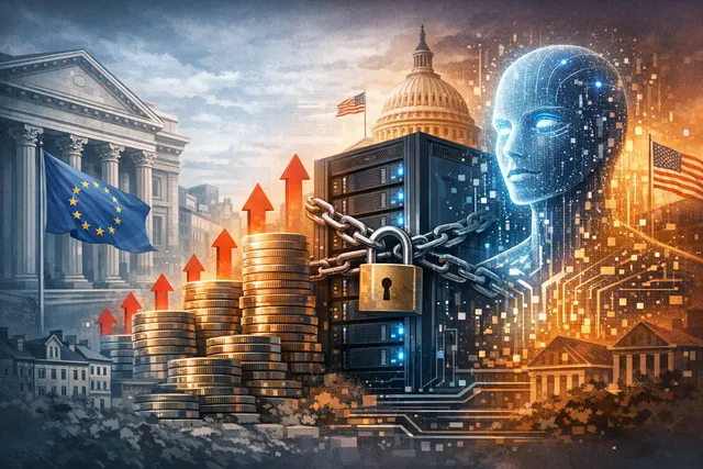 An illustration symbolizing the financial tension and sovereignty push of European banks relying on US AI technology.