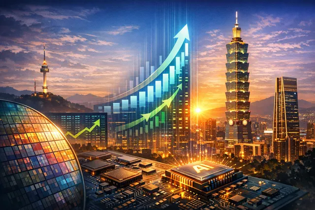 Asian stock market trading floor screens displaying record index highs amid an AI semiconductor rally in May 2026.