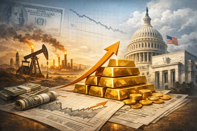 Editorial illustration representing gold prices, Treasury bonds and a weakening U.S. dollar