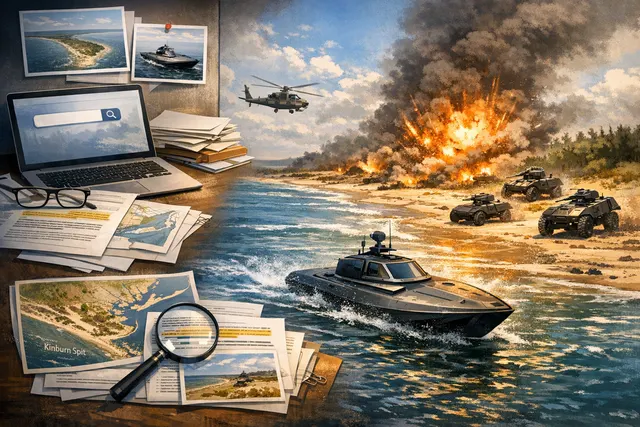 AI-generated visualization of a Ukrainian sea drone deploying a ground robot on the shore of the Kinburn Spit, symbolizing the first USV-to-UGV combat mission.