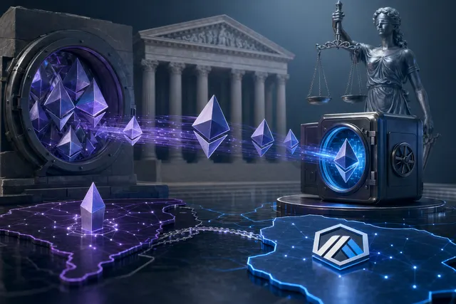 AI-generated editorial illustration representing a court-approved ETH transfer for Aave's Kelp DAO recovery