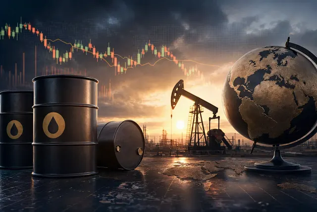 Editorial illustration of crude oil markets and price volatility