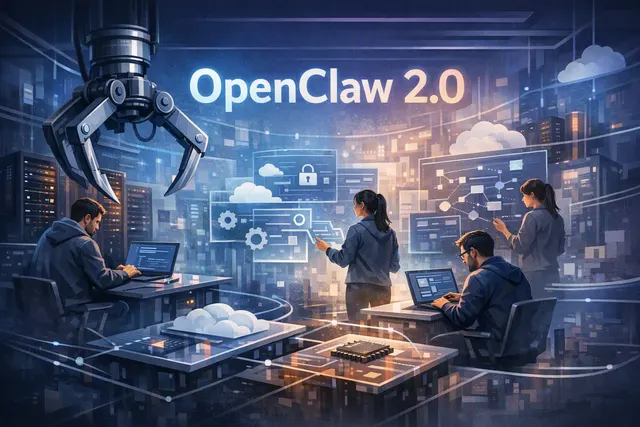 Editorial illustration representing OpenClaw 2.0 agent sessions, cloud collaboration and a redesigned control dashboard