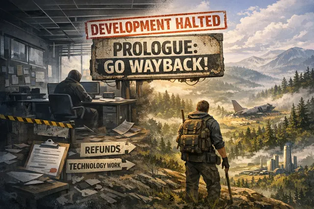 Prologue: Go Wayback gameplay scene showing a player in a procedurally generated survival landscape, with the announcement that development has been halted.