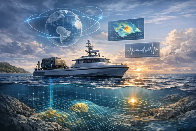 Editorial illustration of a vessel using quantum gravimetric navigation in the Coral Sea without GPS