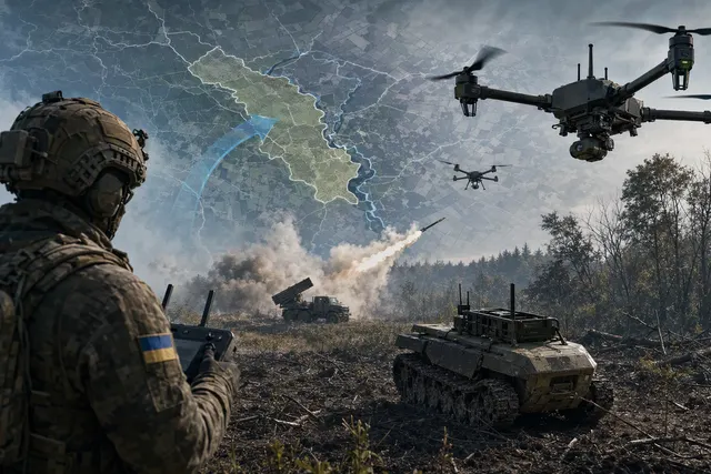 AI-generated illustration accompanying coverage of Ukraine’s Operation Vivaldi and military ground robots