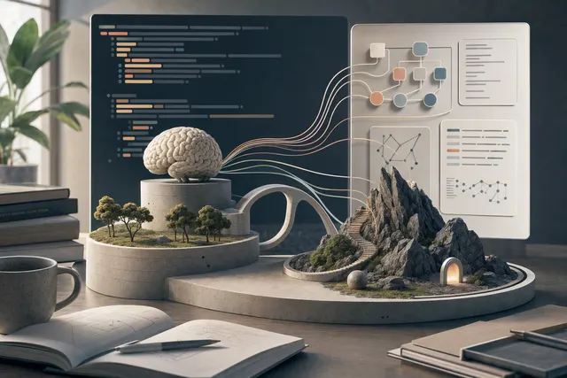Editorial illustration of AI coding agents and software benchmark evaluation