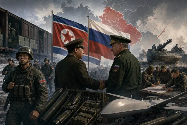 AI-generated editorial illustration about North Korea’s military ties with Russia and drone development
