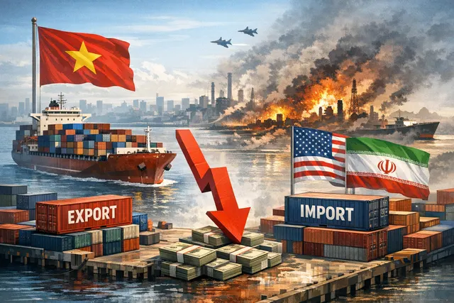 Conceptual representation of Vietnam's record trade deficit showing shipping containers and rising energy price charts against the Vietnam flag