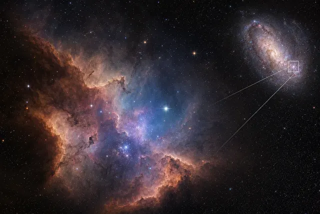 Editorial illustration of the N44 superbubble and surrounding star-forming gas in the Large Magellanic Cloud