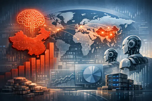 Abstract editorial illustration of Chinese and U.S. AI models competing across a global token-usage network