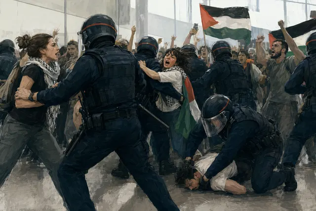 Illustration of police and activists clashing inside an airport arrivals hall after Gaza flotilla activists returned to Spain