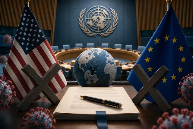 AI-generated illustration accompanying an article about the stalled UN pandemic declaration