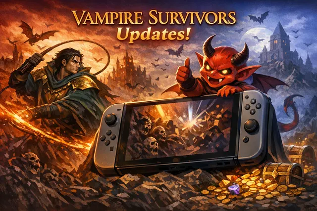 Vampire Survivors game banner showing new characters and stages from the Legacy of the Bloodmoon DLC announcement