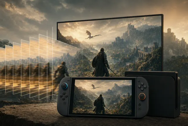 Dragon’s Dogma 2: Dark Arisen on Nintendo Switch 2 illustrating 30 FPS frame generation to 60-FPS-equivalent motion