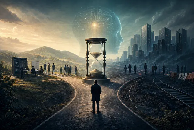 Editorial illustration representing the debate over slowing frontier AI development and strengthening safety oversight