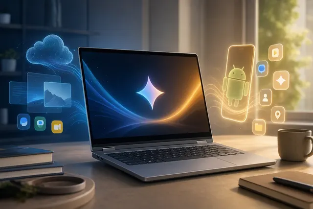 Conceptual illustration for Googlebook laptops featuring Gemini and Android integration
