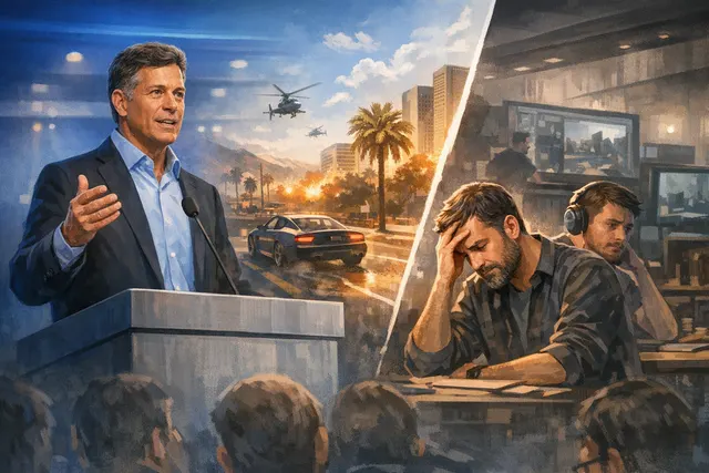 Take-Two CEO Strauss Zelnick speaking at a conference, with visual allusions to Rockstar Games and the failed MindsEye project