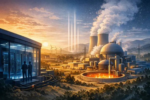Illustration of TerraPower’s Natrium nuclear reactor and molten-salt energy storage system supplying an AI data center