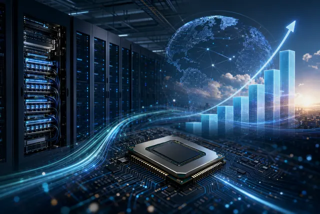AI data center infrastructure with GPU servers and power grid connections representing trillion-dollar AI investment